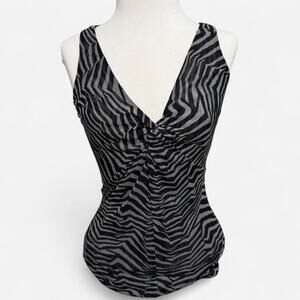 Y2K Express Zebra Print Mesh Ruched Tank Top Size M - Black and Grey Sleeveless